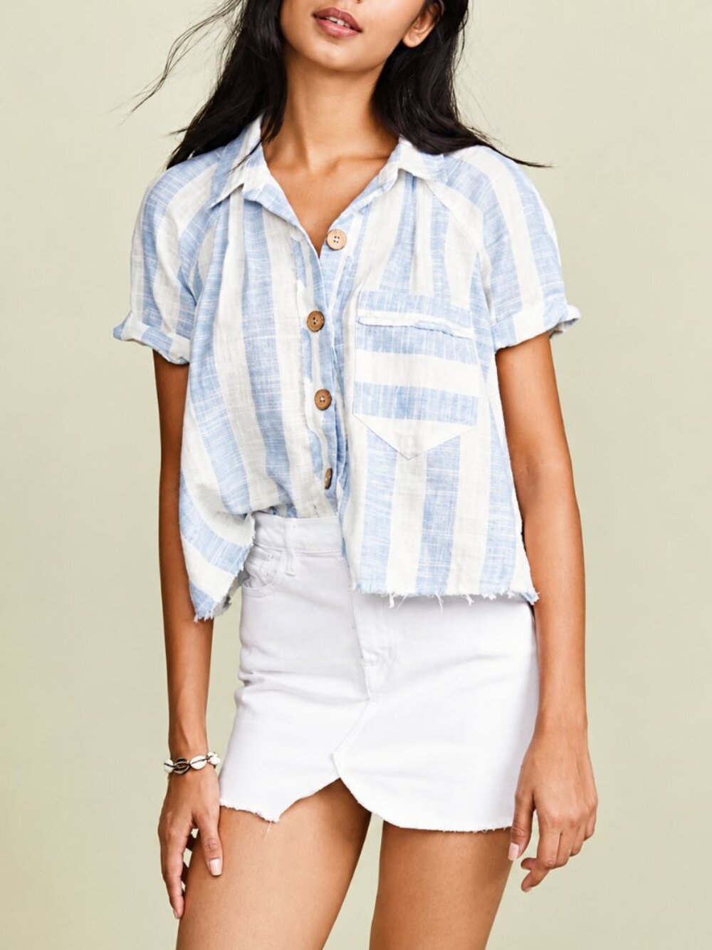Free People We The Free Away At Sea Top Blue Skies Striped Button Front Medium